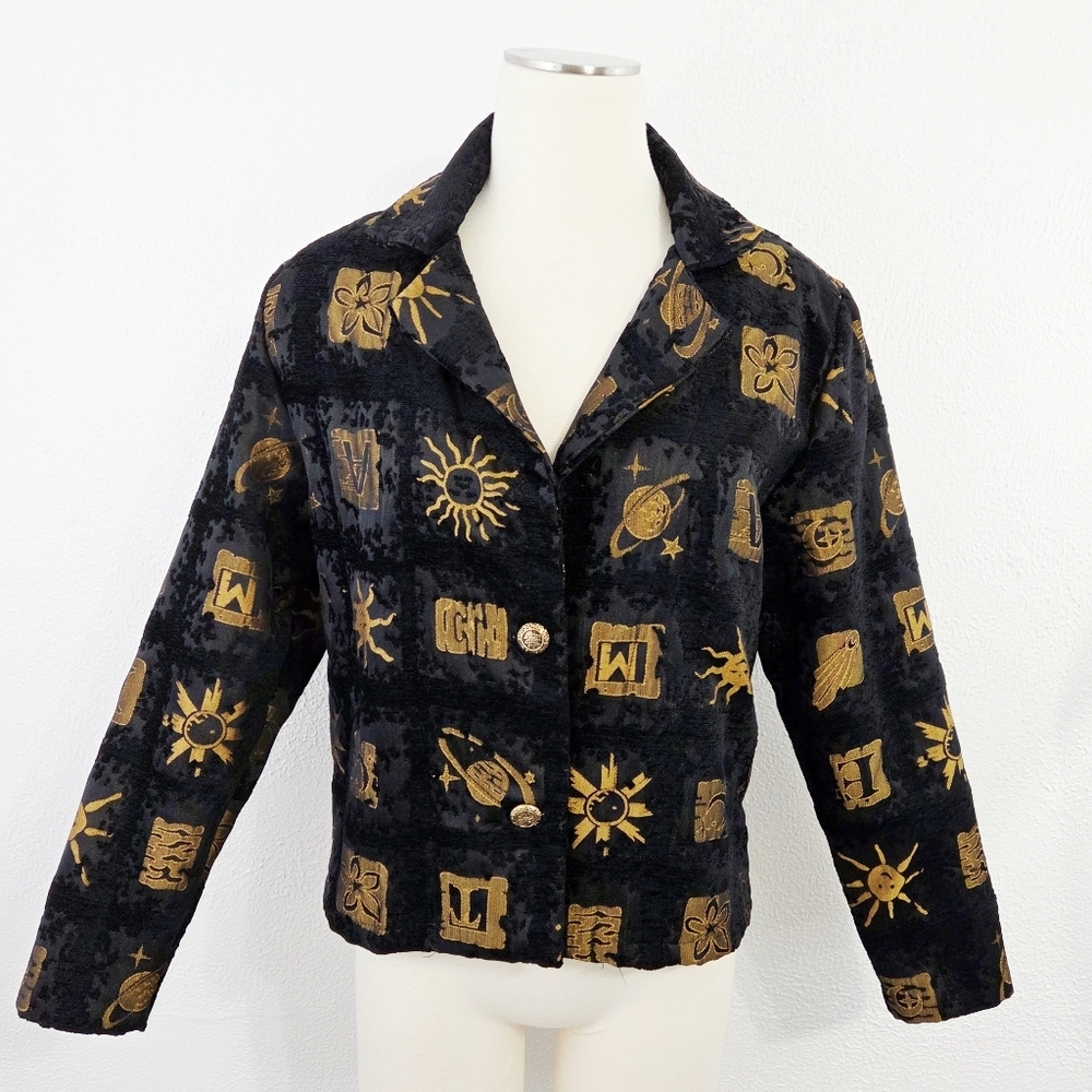 Vintage 90s Celestial Blazer Jacket Black Gold Sun Moon Stars Planets Size Small